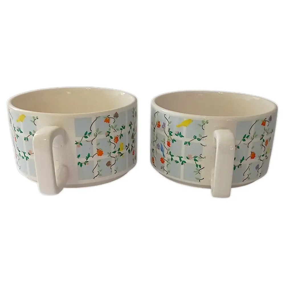 2 Vintage Soup Chili Mug Cup Ceramic Flowers Birds Pastel Pair Cottage 70s Retro